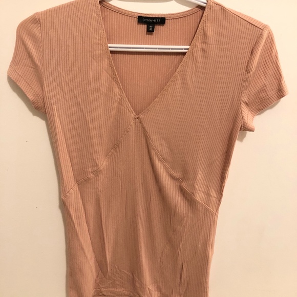 Nude v-neck ribbed t-shirt - Picture 1 of 3